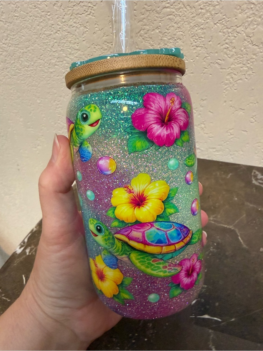 Sparkling Sea Turtles in Colorful Waters 12 oz Wine Glass Tumbler Cup with Lid